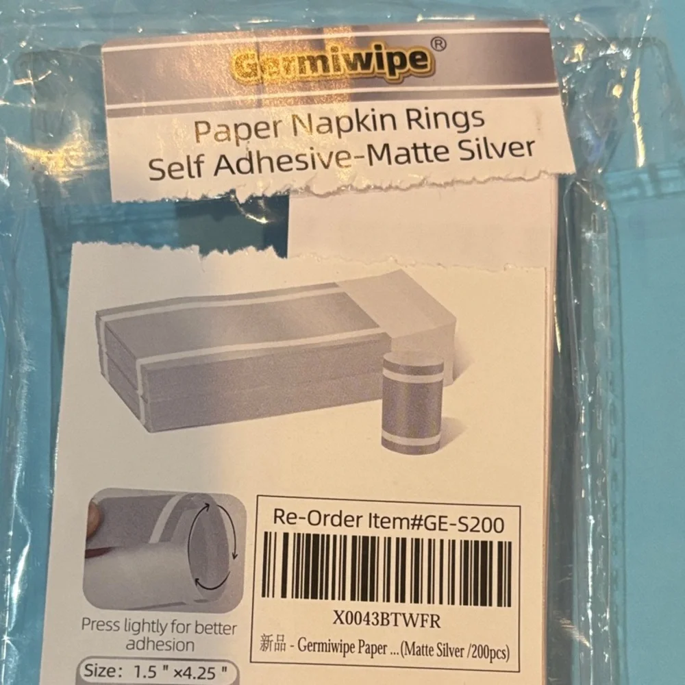NWT 100 Elegant matte Silver Germiwipe paper napkin rings self adhesive